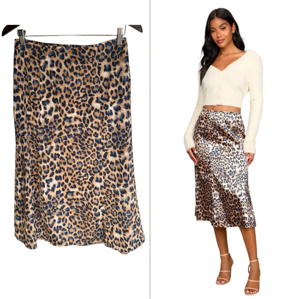 Lulus Global Icon Tan and Navy Blue Leopard Print Satin Midi Skirt Size Medium